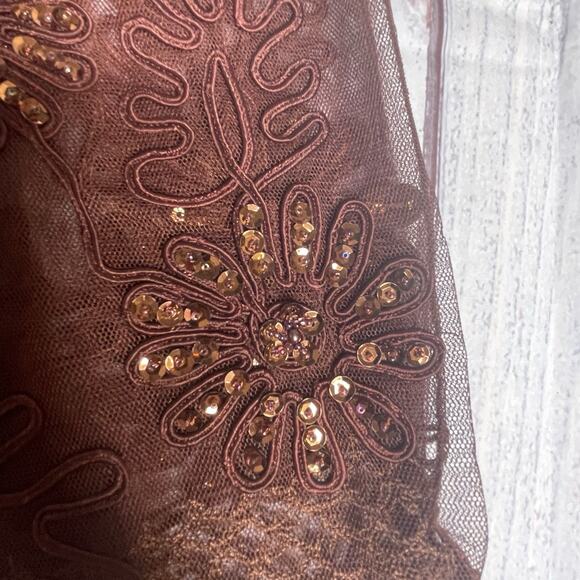 Vintage Rust Lace Mesh Scarf Embroidered Crochet Sequins FairyGrunge Whimsical - Picture 5 of 15